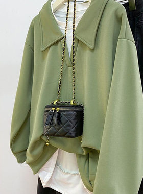 广州十三行女装牛油果绿色翻领卫衣女春秋薄款假两件无帽V领上衣