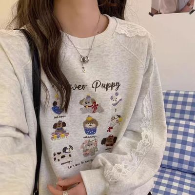 重磅纯棉无帽卫衣女薄款卡通刺绣