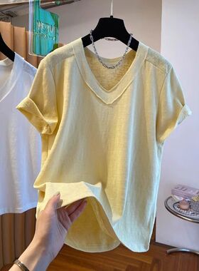 广州十三行女装大版V领短袖t恤女夏内搭打底衫慵懒风宽松休闲上衣