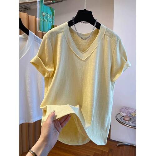 大版V领短袖t恤女夏季内搭打底衫