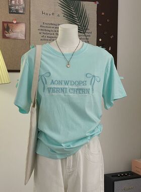 广州十三行薄荷绿色纯棉短袖t恤女夏季松弛感宽松慵懒高级感上衣