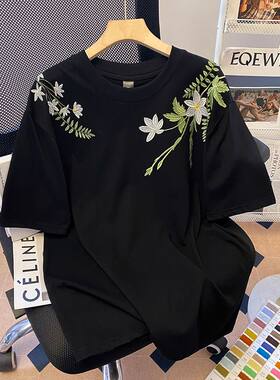 国风刺绣纯棉t恤男女装短袖夏季