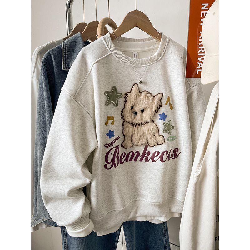 重磅纯棉刺绣圆领加绒卫衣女秋冬