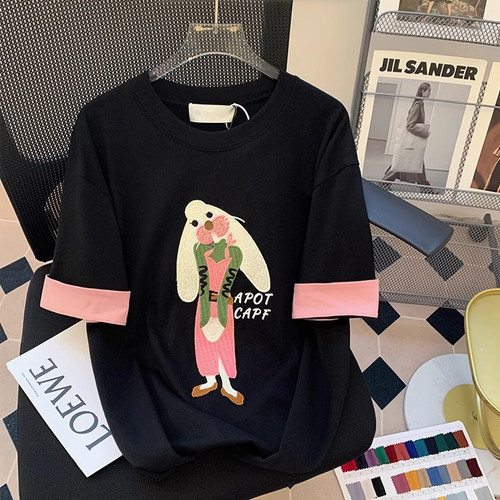 卡通刺绣纯棉短袖t恤女夏慵懒风