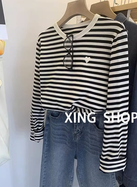广州十三行高货爆款~春秋季圆领长袖t恤女爱心刺绣条纹打底衫上衣