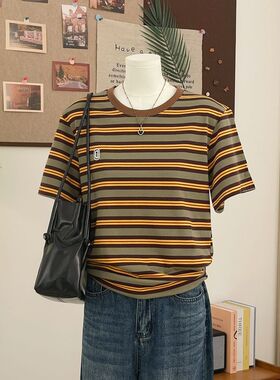 广州十三行撞色条纹短袖t恤女夏宽松显瘦慵懒松弛感半袖体恤上衣
