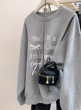 广州十三行女装灰色露肩圆领卫衣女春秋季宽松慵懒风正肩长袖上衣