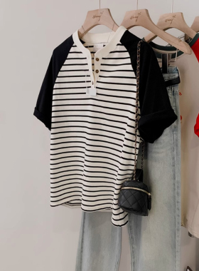 买手店专柜高品质捡漏必入~条纹插肩短袖翻领t恤女夏季设计感上衣