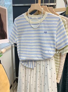 广州十三行女装蓝色条纹正肩短袖t恤夏季韩系百搭减龄上衣超好看