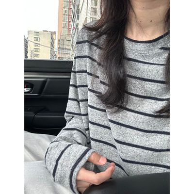 长袖t恤女春秋软糯百搭条纹上衣