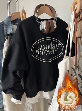 广州十三行女装黑色oversize加绒卫衣女秋冬季宽松慵懒风美式上衣