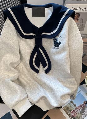 广州十三行卡通刺绣灰色海军领卫衣女春秋日系学院风宽松减龄上衣