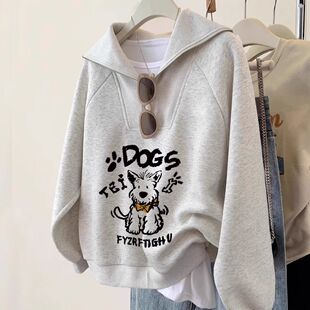 广州十三行女装灰色正肩半拉链卫衣女春秋韩系百搭学院polo领上衣