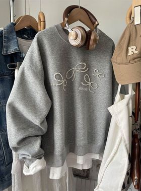 广州十三行女装早秋灰色加绒卫衣女秋冬季宽松慵懒风无帽圆领上衣