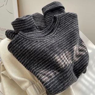 条纹保暖上衣服 t恤女春秋毛绒软糯打底衫 广州十三行女装 磨毛长袖