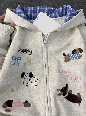 广州十三行女装灰色连帽卫衣女秋冬韩系宽松开衫外套加绒加厚上衣