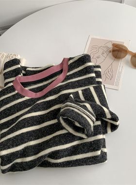 广州十三行女装条纹长袖t恤女秋冬高级松弛感兔绒保暖打底上衣服