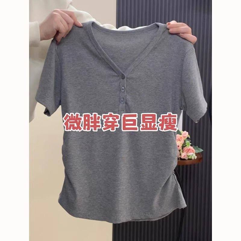 广州十三行女装灰色V领正肩短袖t恤女夏季胖mm遮肉显瘦上衣高级感