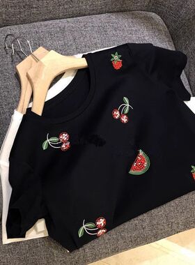 广州十三行高货正肩纯棉短袖t恤女2025夏季新款微胖宽松刺绣上衣