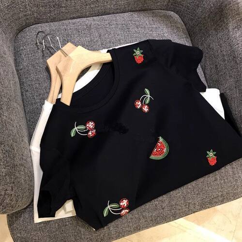 正肩纯棉短袖t恤女微胖宽松上衣