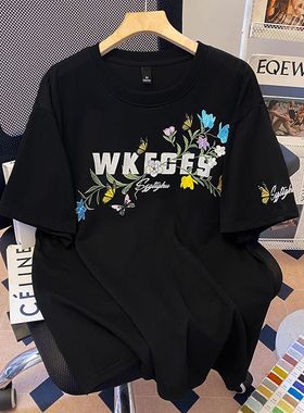 广州十三行高货黑色纯棉短袖t恤女宽松设计感刺绣上衣无性别穿搭