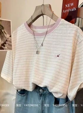 广州十三行女装雪花棉短袖t恤女夏季超好看撞色条纹正肩圆领上衣