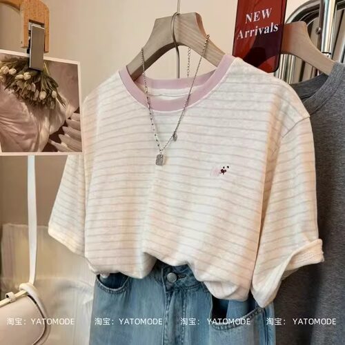 雪花棉短袖t恤女夏撞色条纹上衣