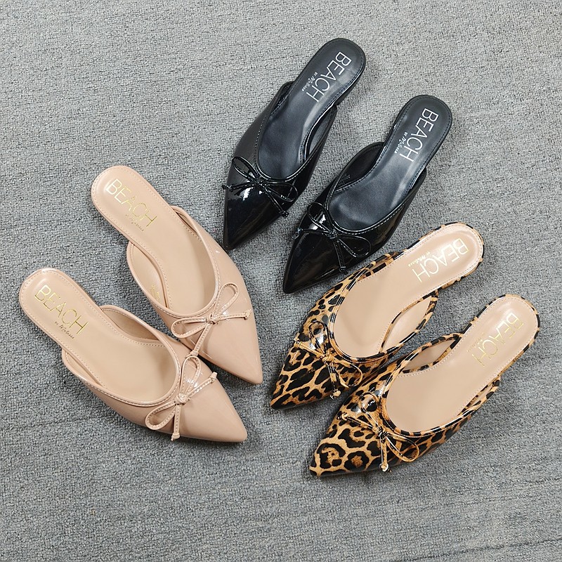 外贸原单2025新款时尚尖头低跟软面漆皮拖女外穿蝴蝶结包头半拖鞋,女鞋,包头拖,淘宝优惠券,粉丝福利购,淘宝优惠卷