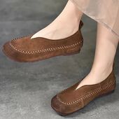 平底鞋 复古文艺森系真软皮休闲女鞋 牛筋软底软面舒适浅口奶奶鞋