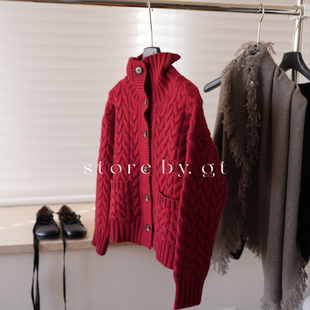 【圣诞红】100%高克重绞花山羊绒外套 复古老钱风开衫红色毛衣