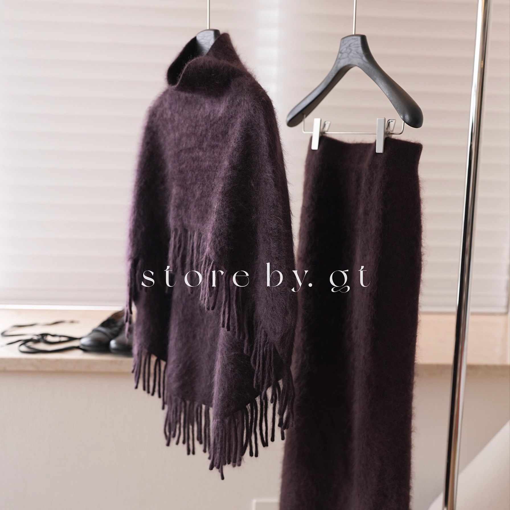100%山羊绒拉绒围巾式高领流苏斗篷 小众时髦洋气氛围感紫咖外披