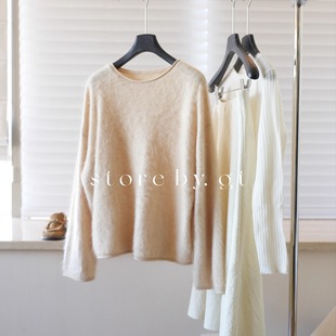 100%山羊绒卷边领廓形宽松毛衣 成衣拉绒工艺轻奢极简羊绒针织衫