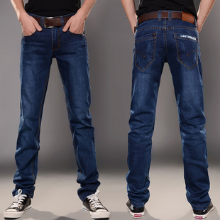 高弹力牛仔裤男青年小脚裤修身直筒秋季大码潮加绒加厚休闲长裤子
