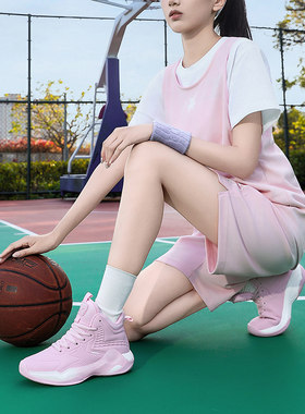 大码篮球鞋女款皮面运动鞋女生防滑耐磨减震高帮高颜值实战白色鞋