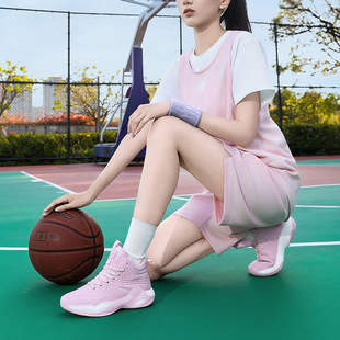 大码篮球鞋女款皮面运动鞋女生防滑耐磨减震高帮高颜值实战粉色鞋