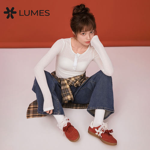 LUMES/路觅斯红色真皮德训鞋女