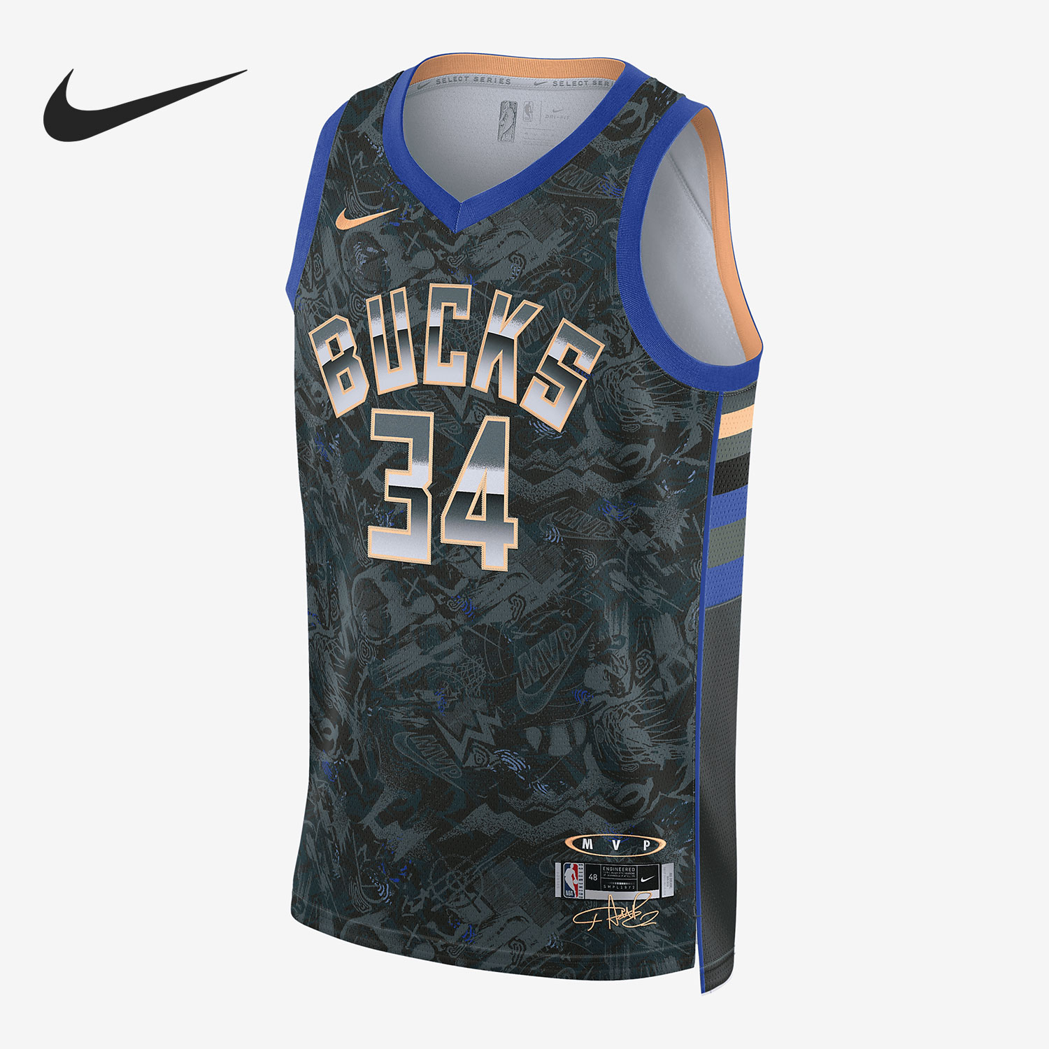 正品 耐克Nike 雄鹿队 NBA 字母哥34号特别版纪念球衣 DA69