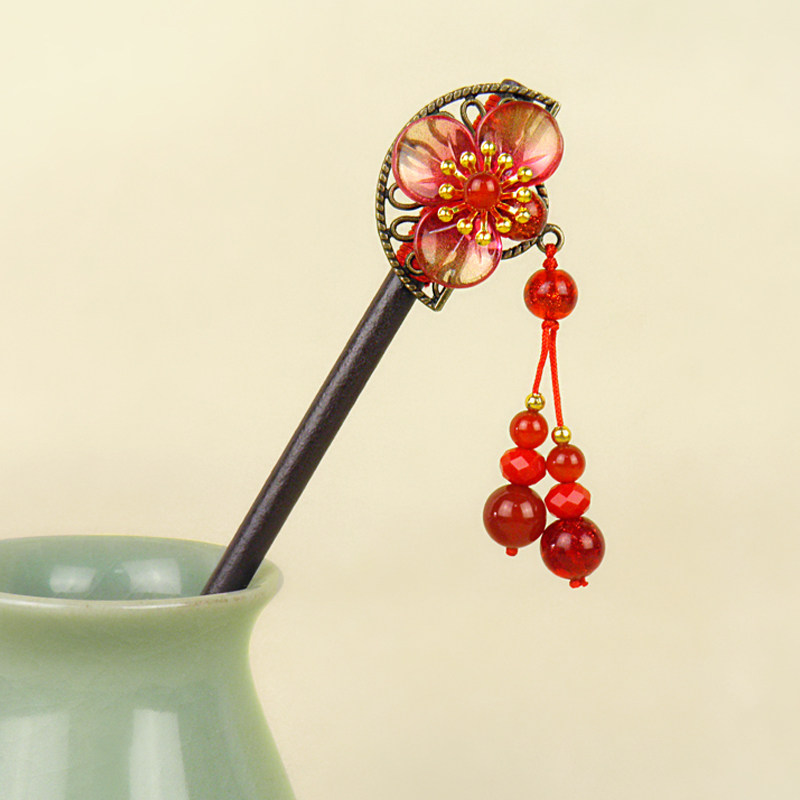 古风木质发簪盘发头饰捷克琉璃发饰人鱼姬步摇簪子女古代汉服木簪