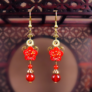 红色复古风气质耳坠长款中国风耳夹耳环2024新款潮新年喜庆耳饰女