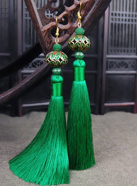 中国风景泰蓝中式耳坠绿色民族风流苏耳环长款云南复古风耳饰品女