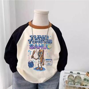 秋儿童新款 国外山海经t插肩 宝宝男童T恤百搭小童纯棉圆领外穿长袖