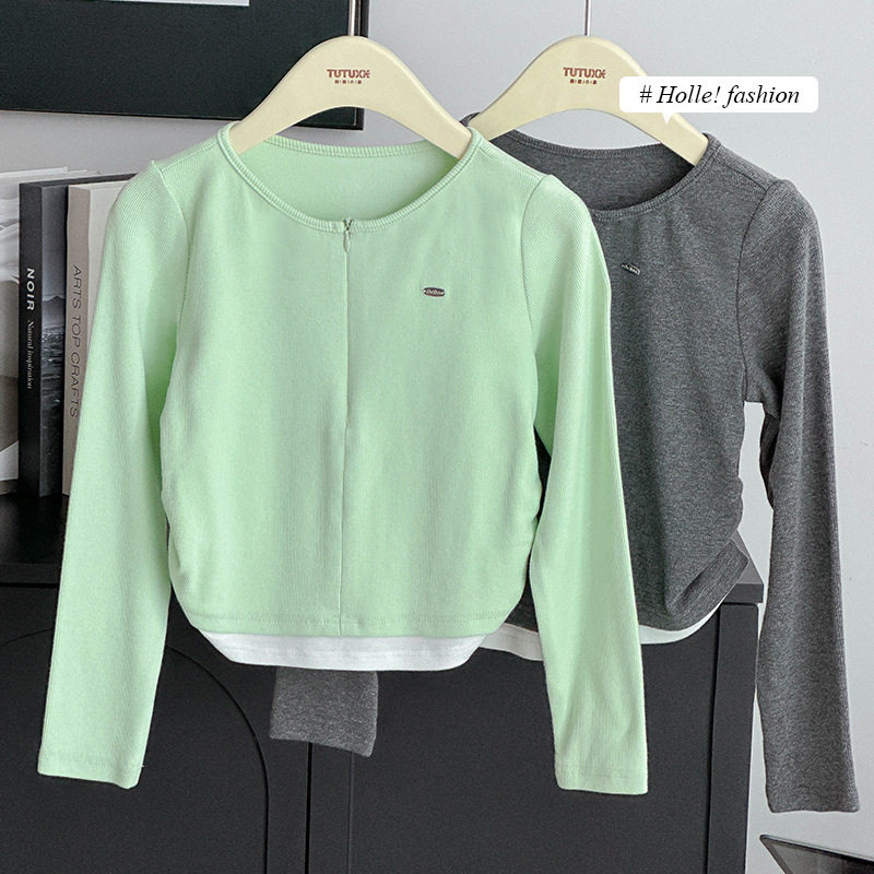 女童绿色假两件长袖T恤2025夏季新款儿童辣妹装中大童百搭打底衫
