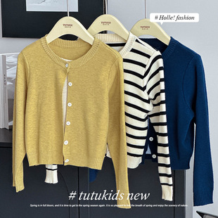 女童假两件针织开衫2025秋季新款儿童黑白条纹上衣中大童百搭外套