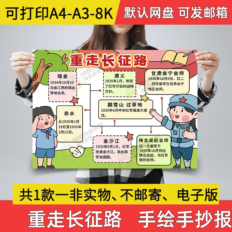 重走长征路小报小学生电子手抄报长征路线思维导图a3素材a4线稿a6