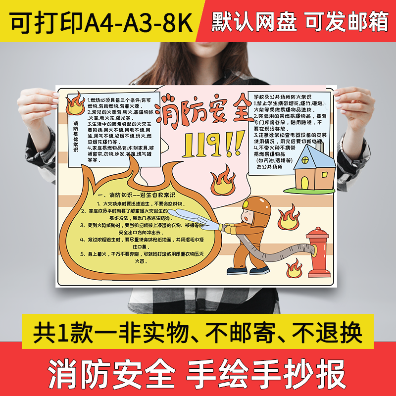 A08防火安全手抄报小学生消防手绘模板线稿电子小报a3素材线稿a4