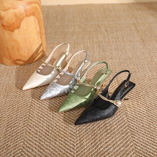 轻国风鞋 女单鞋 淑女复古2024夏季 绸缎高跟凉鞋 新款 薄荷曼波新中式
