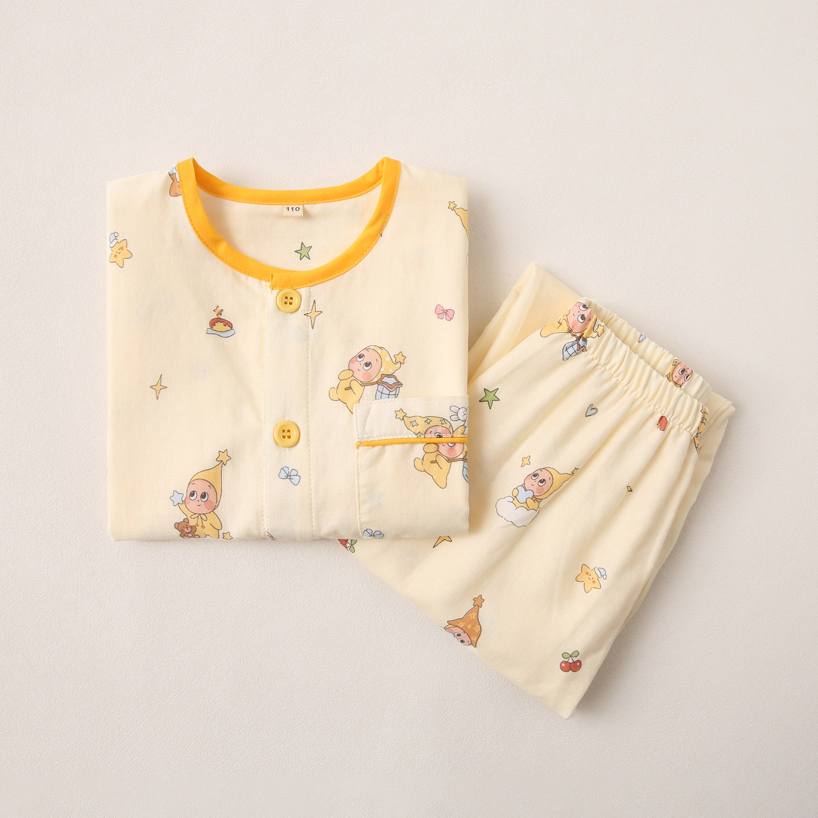 儿童全棉双层棉纱圆领印花家居服套装男童中大童春夏长袖透气睡衣