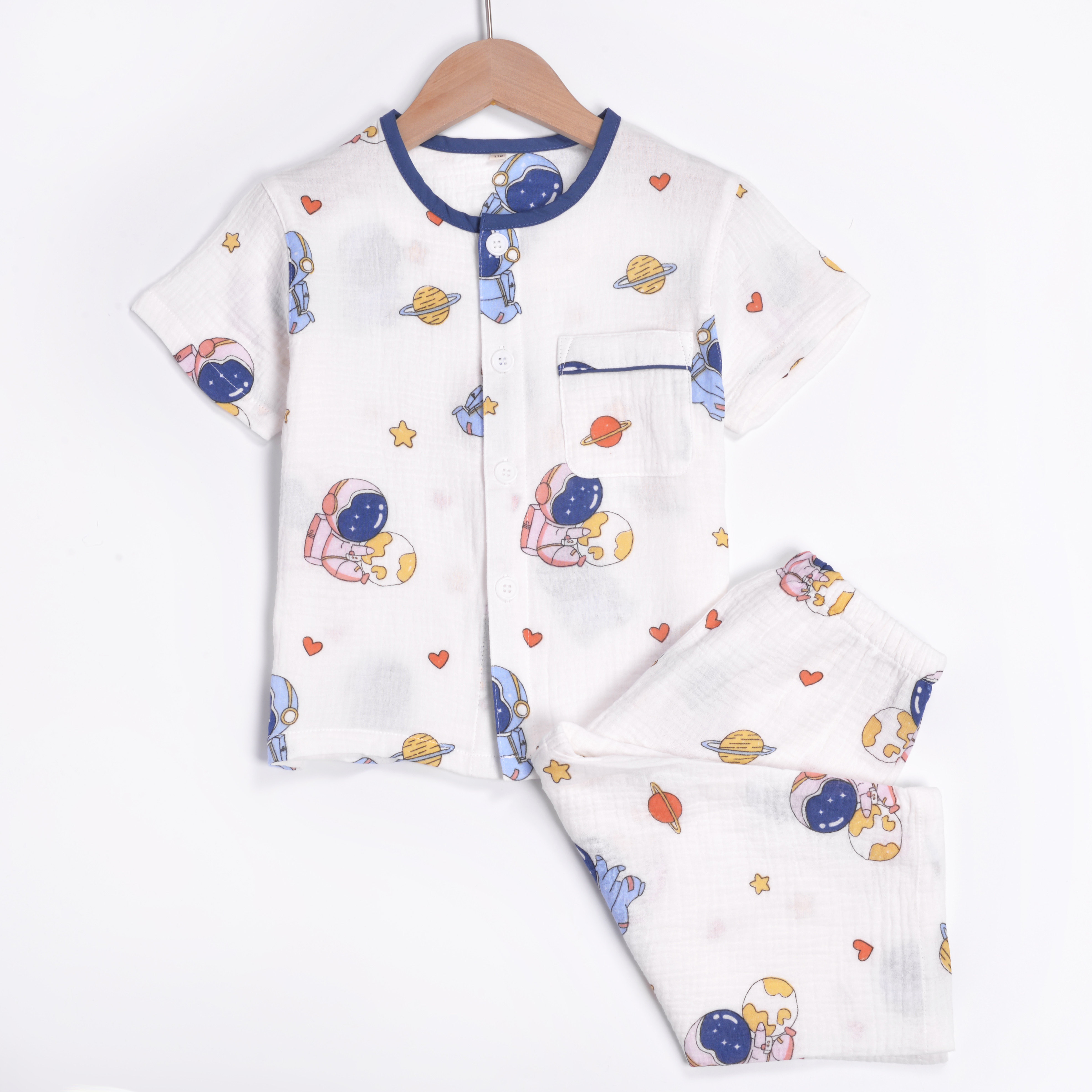 夏季男童宝宝新款薄款双层棉纱布短袖男中大孩纯棉睡衣家居服装套