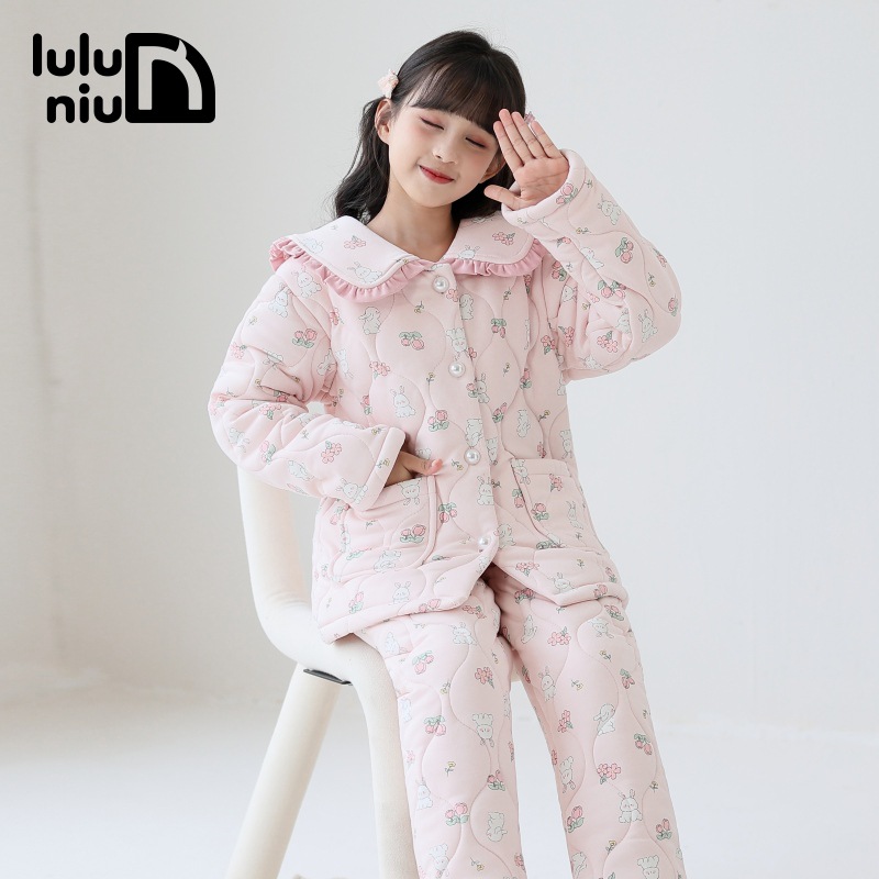 儿童睡衣套装女冬季纯棉三层夹棉2024秋冬加厚款女童家居服棉睡衣