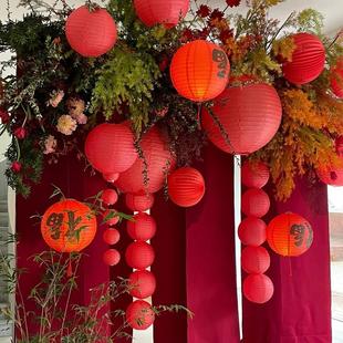 红色纸灯笼新年春节装饰福字喜字新款国风室内外布置结婚蛇年氛围